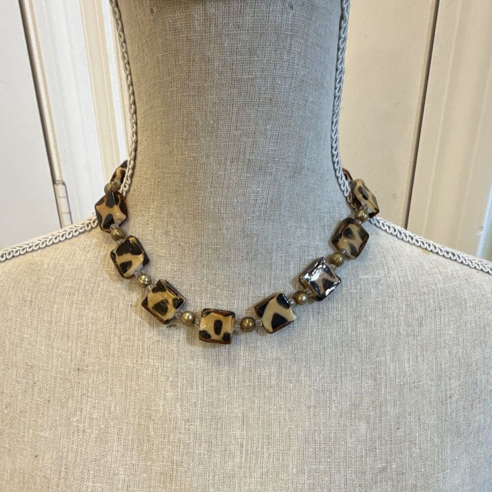 Brown Animal Print Square Glass Bead Necklace With Toggle Unbranded Vintage
